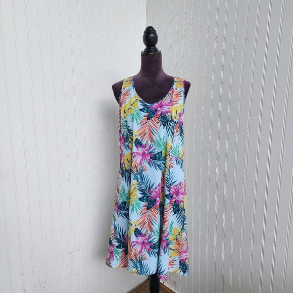 Reel Legends Women's Dress Multi Floral Tropical Pockets Stretch Multicolor Sz L - Picture 1 of 11